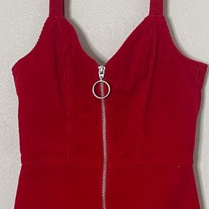 Red corduroy o-ring zip front mini dress